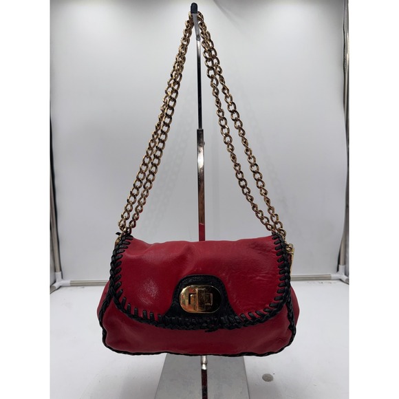 Badgley Mischka Handbags - Badgley Mischka Vintage Red Leather Braided Trim Shoulder Bag Gold Chain Strap